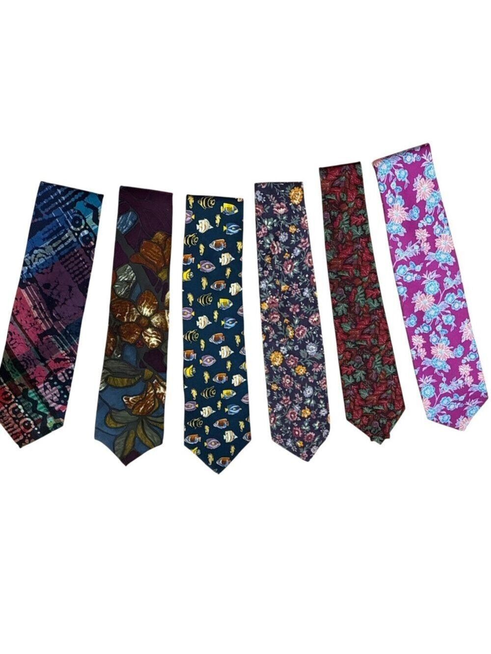6 VINTAGE SILK & COTTON TIES FLORAL, EXOTIC FISH & BATIK BOHO ECLECTIC GRANDPA